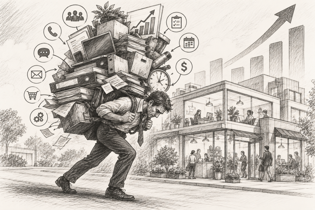 Owner carrying the whole business — a business owner bent under the weight of boxes, laptops, paperwork, phones, customer requests, and staff questions, while the business behind them is growing taller and wider.