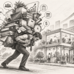 Owner carrying the whole business — a business owner bent under the weight of boxes, laptops, paperwork, phones, customer requests, and staff questions, while the business behind them is growing taller and wider.