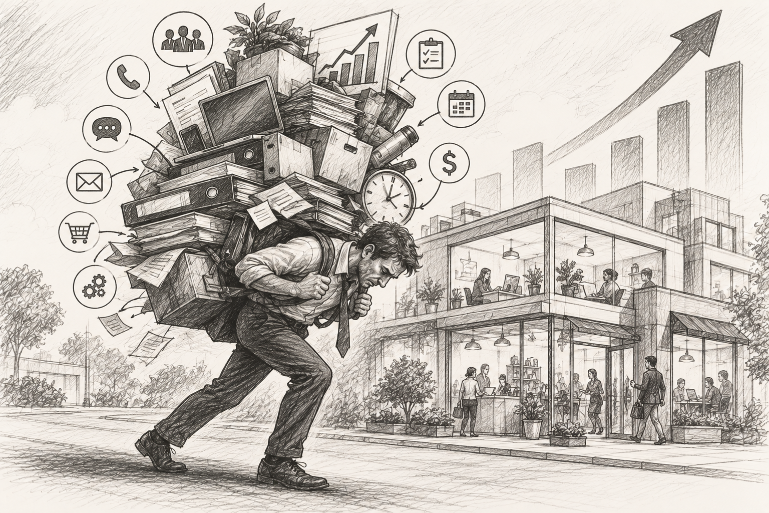 Owner carrying the whole business — a business owner bent under the weight of boxes, laptops, paperwork, phones, customer requests, and staff questions, while the business behind them is growing taller and wider.