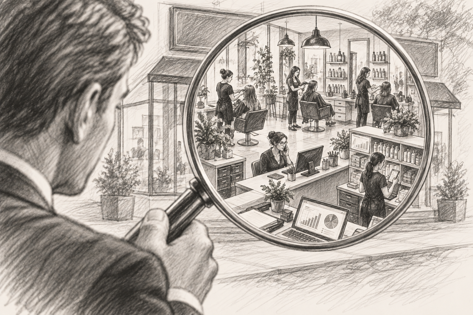 Business for sale under a magnifying glass — a small business scene viewed through a large magnifying glass held by a buyer. Inside the lens, the details become sharper: employees working, systems, customers, inventory, cash flow, and owner involvement.